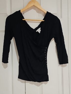 ✨ Cache Black Ruched Side Snap Detail Top – Chic Fitted Stretch Blouse S/M ✨